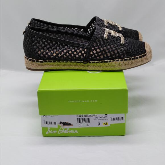 Sam Edelman Womens Espadrille Flats Size 9 Black Raffia Mesh Logo Slip On Shoes - Picture 3 of 15
